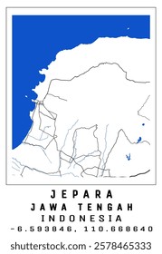 MAP OF JEPARA CITY, WHICH CONSISTS OF LAND, SEA, RIVER AND MAIN ROAD. JEPARA CITY, CENTRAL JAVA, INDONESIA.