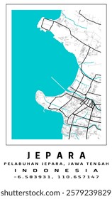 MAP OF JEPARA PORT, JEPARA CITY, CENTRAL JAVA, INDONESIA. INCLUDING ROADS AND RIVERS. KARTINI PORT. PERINTIS  PORT.