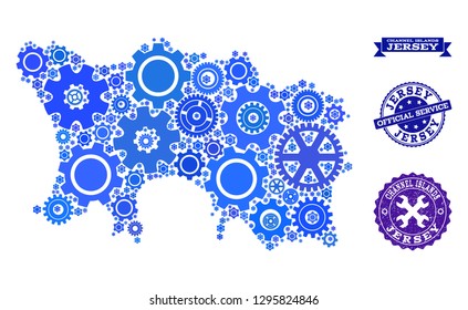 Map of Jersey Island created with blue gear symbols, and isolated scratched stamps for official repair services. Vector abstract collage of map of Jersey Island with industry symbols in blue shades.