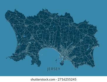 Mapa de Jersey Island, renderizado em uma paleta azul monocromática. A forma da ilha é claramente definida, com intrincadas redes de estradas e características geográficas representadas em tons mais claros de azul.
