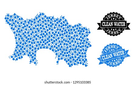 Map of Jersey Island vector mosaic and clean water grunge stamp. Map of Jersey Island designed with blue aqua raindrops. Seal with grunge rubber texture for clear drinking water.