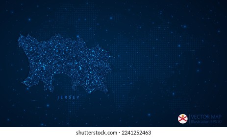 Mapa de diseño moderno de Jersey con formas poligonales sobre fondo azul oscuro. Esferas de malla de alambre de negocios a partir de escombros voladores. Concepto de ilustración vectorial de estilo de estructura azul.