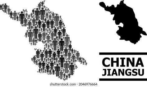 Map of Jiangsu Province for demographics promotion. Vector demographics abstraction. Collage Map of Jiangsu Province done of person elements. Demographic scheme in dark gray color tints.