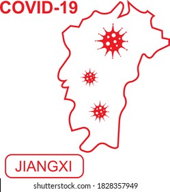 Mapa de Jiangxi etiquetado "COVID-19". Mapa de esquema rojo sobre un fondo blanco. Ilustración vectorial de un virus, coronavirus, epidemiología.