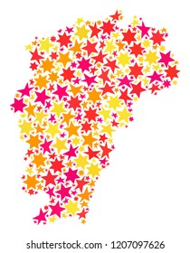 Map of Jiangxi Province composed with colored flat stars. Vector colored geographic abstraction of Map of Jiangxi Province with red, yellow, orange stars.