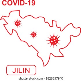 Karte von Jilin mit der Bezeichnung "COVID-19". rote Umrisskarte auf weißem Hintergrund. Vektorgrafik eines Virus, Coronavirus, Epidemiologie.