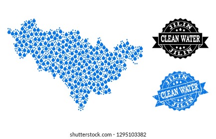 Map of Jilin Province vector mosaic and clean water grunge stamp. Map of Jilin Province formed with blue water raindrops. Seal with distress rubber texture for clean drinking water.