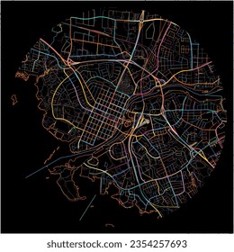 Map of Joensuu with all major and minor roads, railways and waterways. Colorful line art on black background.