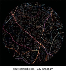 Map of JohnsCreek, Georgia with all major and minor roads, railways and waterways. Colorful line art on black background.