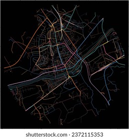 Map of Jonava, Kaunas County with all major and minor roads, railways and waterways. Colorful line art on black background.