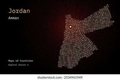 A map of Jordan depicted in zeros and ones in the form of a circle. The capital, Amman, is shown in the center of the circle