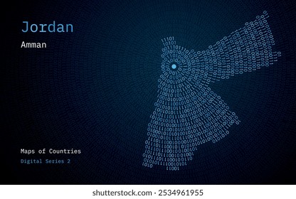 A map of Jordan depicted in zeros and ones in the form of a circle. The capital, Amman, is shown in the center of the circle