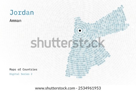 A map of Jordan depicted in zeros and ones in the form of a circle. The capital, Amman, is shown in the center of the circle