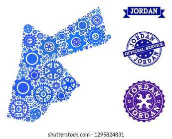 Map of Jordan designed with blue wheel components, and isolated scratched watermarks for official repair services. Vector abstract mosaic of map of Jordan with job symbols in blue hues.