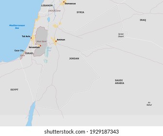 Map of Jordan. Map is drawn in high detail and for clarity shows only major cities. Country is drawn with neighboring countries.