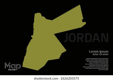 Mapa da Jordânia com linhas geográficas amarelas, isoladas sobre um fundo preto. Perfeito para vários projetos de design