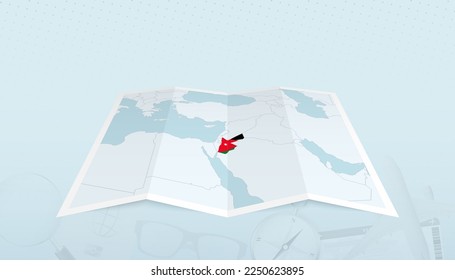 Map of Jordan with the flag of Jordan in the contour of the map on a trip abstract backdrop. Travel illustration.