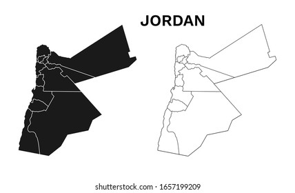Map of Jordan with governorates border boundaries black silhouette and outline eps vector