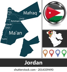 Map of Jordan with governorates and location on map of West Asia. Vector image