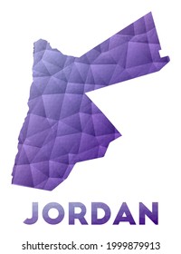 Mapa de Jordania. Baja ilustración policial del país. Diseño geométrico púrpura. Ilustración vectorial poligonal.