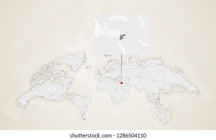 Map of Jordan with neighbor countries pinned on world map. Abstract triangles World Map.