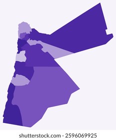 Map of Jordan with regions. Just a simple country border map with region division. Deep purple color palette. Plain Hashemite Kingdom of Jordan shape with administrative division. Vector illustration.