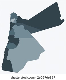Map of Jordan with regions. Just a simple country border map with region division. Blue grey color palette. Blank Hashemite Kingdom of Jordan shape with administrative division. Vector illustration.