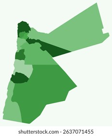 Map of Jordan with regions. Just a simple country border map with region division. Green color palette. Flat Hashemite Kingdom of Jordan shape with administrative division. Vector illustration.