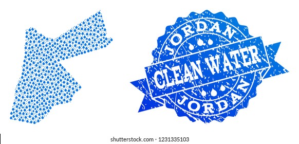 Map of Jordan vector mosaic and clean water grunge stamp. Map of Jordan composed with blue liquid raindrops. Seal with retro rubber texture for clean drinking water.