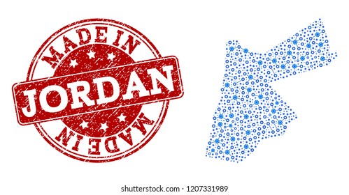 Map of Jordan vector mosaic and Made In grunge stamp. Map of Jordan created with blue engine connections. Made in red seal with grunge rubber texture.