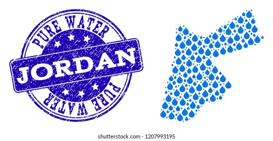 Map of Jordan vector mosaic and Pure Water grunge stamp. Map of Jordan formed with blue water tears. Seal with grunge rubber texture for pure drinking water.