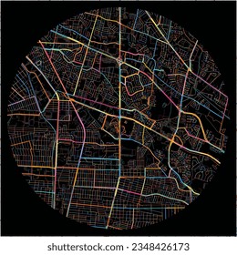 Map of Juarez, Chihuahua with all major and minor roads, railways and waterways. Colorful line art on black background.