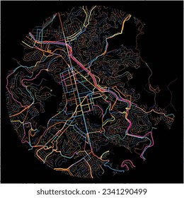 Map of JuizdeFora with all major and minor roads, railways and waterways. Colorful line art on black background.