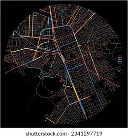 Map of Juliaca with all major and minor roads, railways and waterways. Colorful line art on black background.