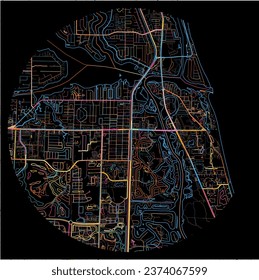 Karte von Jupiter, Florida mit allen wichtigen und kleineren Straßen, Eisenbahnen und Wasserstraßen. Farbige Linienkunst auf schwarzem Hintergrund.