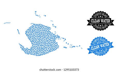 Map of Juventud Island vector mosaic and clean water grunge stamp. Map of Juventud Island designed with blue water tears. Seal with grunge rubber texture for pure drinking water.