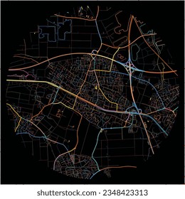 Map of Kaarst, North Rhine-Westphalia with all major and minor roads, railways and waterways. Colorful line art on black background.