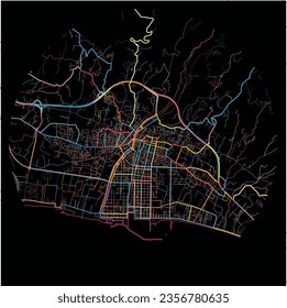 Map of Kalamata, Peloponnese with all major and minor roads, railways and waterways. Colorful line art on black background.