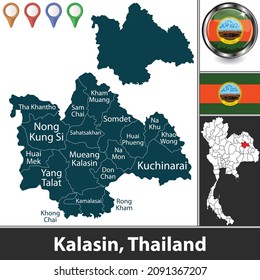 Map of Kalasin province with districts and location on Thai map. Vector image