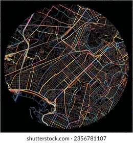 Map of Kallithea, Attica with all major and minor roads, railways and waterways. Colorful line art on black background.