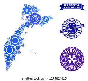 Map of Kamchatka Peninsula composed with blue gear items, and isolated grunge stamps for official repair services.
