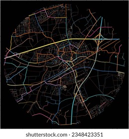 Map of Kamen, North Rhine-Westphalia with all major and minor roads, railways and waterways. Colorful line art on black background.