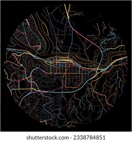 Map of Kamloops, British Columbia with all major and minor roads, railways and waterways. Colorful line art on black background.