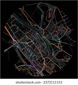 Map of Kampen, Overijssel with all major and minor roads, railways and waterways. Colorful line art on black background.