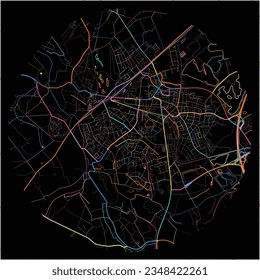 Map of Kamp-Lintfort, North Rhine-Westphalia with all major and minor roads, railways and waterways. Colorful line art on black background.