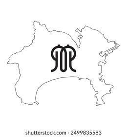 Map of Kanagawa prefecture with its official flag in white and black colors. Vector illustration
