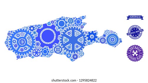 Map of Kangaroo Island formed with blue wheel items, and isolated grunge watermarks for official repair services.