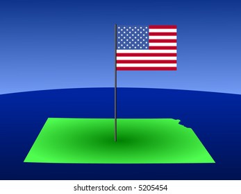 map of Kansas with American Flag on pole