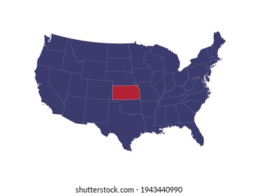 Map of Kansas. The map is colored in the colors of the US flag. Map shows the location of Kansas in the USA. This file is appropriate for digital editing and prints of all sizes.