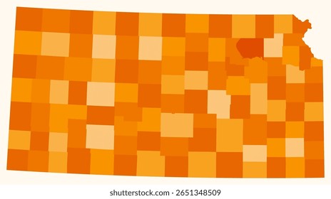 Map of Kansas with counties. Just a simple state border map with county division. Orange color palette. Plain State of Kansas shape with administrative division. Vector illustration.